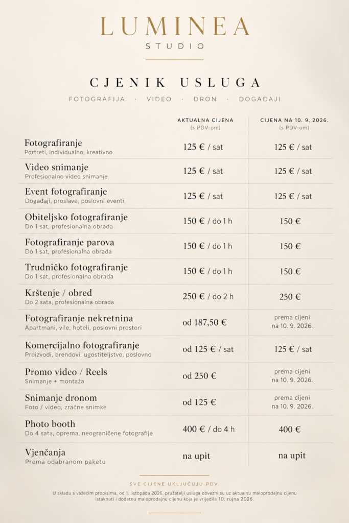 Cjenik Sidrene Price list for Luminea Studio photography and video services in Croatian; two columns for current prices and prices as of 10.9.2026, with items such as Fotografiranje, Video snimanje, Event fotografiranje, Obiteljsko fotografiranje, Krštenje / obred, Photo booth, and more.